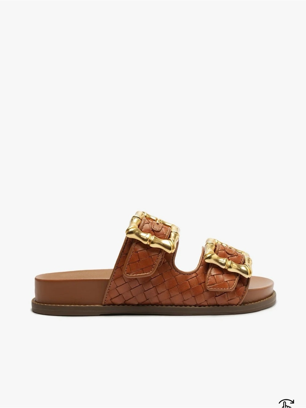 SCHUTZ Brown Woven Leather Slide Sandals with Gold Buckles